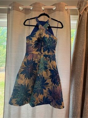 Badgley Mischka Blue and Gold Jacquard Party Dress